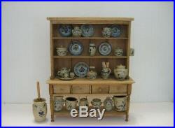 Dollhouse Hutch with Jane Graber Blue Stoneware Pottery 112 scale 26 pieces