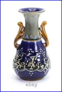 Doulton Lambeth England 9105 Vase Glossy Blue Miniature Ceramics Stoneware