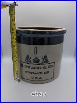 E. Swasey & Co. Portland, ME. U. S. A. 1 Gallon Antique Stoneware Crock Looks Nice