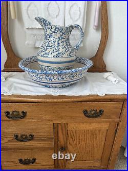 Early (1860 1885) Blue & White Spongeware Water Pitcher & Basin Stoneware