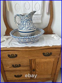 Early (1860 1885) Blue & White Spongeware Water Pitcher & Basin Stoneware