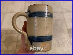 Early 19th Century Stoneware Tavern Mug w Incised Blue Bands & Brown Interior NY