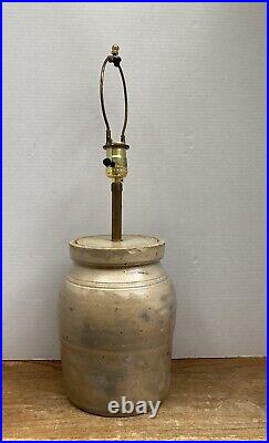 Early Antique Primitive Salt-Glaze 1800s Stoneware Crock Now electric Lamp