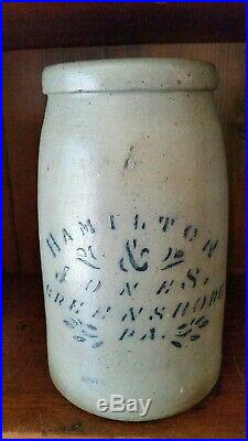 Early Antique Stenciled Hamilton & Jones Stoneware Crock Jar. Aafa