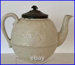 Early Salt Glaze Stoneware Teapot Flower Spearhead Pewter Finial Lid early 1800