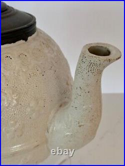 Early Salt Glaze Stoneware Teapot Flower Spearhead Pewter Finial Lid early 1800