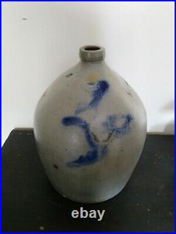 Early Squat Shaped Ovoid Stoneware Jug with Floral Cobalt Blue Decoration