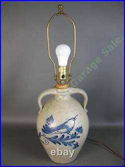 Ethan Allen Rowe Pottery Works Salt Glaze Stoneware Cobalt Blue Bird Lamp 13 NR