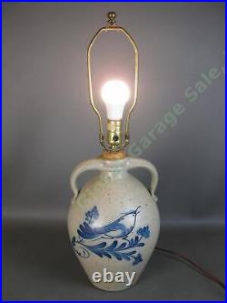 Ethan Allen Rowe Pottery Works Salt Glaze Stoneware Cobalt Blue Bird Lamp 13 NR