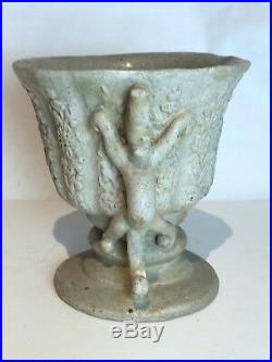 Extremely Rare Antique Korean Molded Stoneware Pottery Stem Cup Chilong Handle