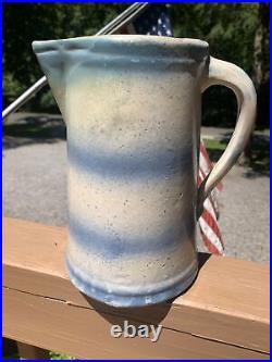 Fantastic & Rare Stupid Stoneware Pottery Pitcher-9 1/4-Blue Band-No Damage