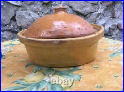 French 1800s Antique Covered Dish Pottery Stoneware Confit Baking Ocré Yellow