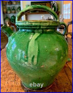 French Antique Confit Pot Pottery Earthenware Stoneware Jar Green Glaze Vessel