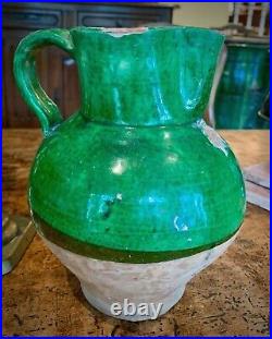 French Antique Pot Confit Pottery Earthenware Ewer Green Stoneware Pitcher Sale