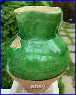 French Antique Pot Confit Pottery Earthenware Ewer Green Stoneware Pitcher Sale
