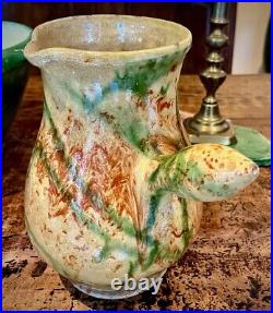 French Antique Pottery Ceramic Stoneware Art Confit Antique Green Pitcher