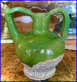 French Antique Pottery Confit Cruche Green Glaze Pitcher Earthenware Stoneware