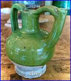 French Antique Pottery Confit Cruche Green Glaze Pitcher Earthenware Stoneware