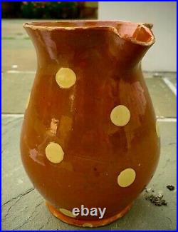 French Antique Pottery Confit Earthenware Terracotta Glaze Polka Dot Pitcher