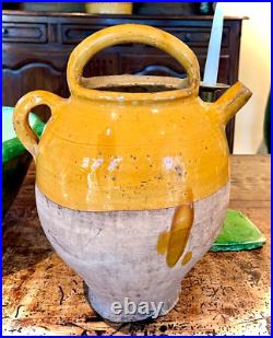 French Antique Pottery Glazed Yellow Cruche Stoneware Confit Jug Orjol Vessel