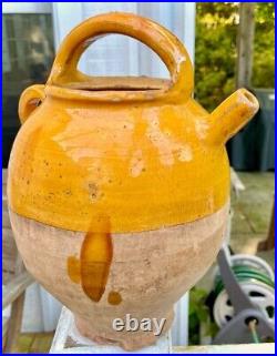 French Antique Pottery Glazed Yellow Cruche Stoneware Confit Jug Orjol Vessel