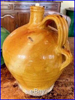 French Antique Stoneware Redware Pottery Yellow Ceramic Confit Glaze Pot Pitcher