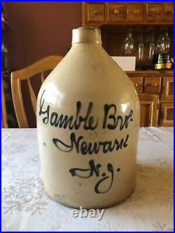 Gamble Bros Newark NJ Stoneware Jug 1800s Antique Fulper Pottery Cobalt Script