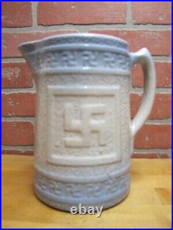 Good Luck Swirling Logs Antique Stoneware Pottery Pitcher Blue White Embossed