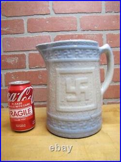 Good Luck Swirling Logs Antique Stoneware Pottery Pitcher Blue White Embossed