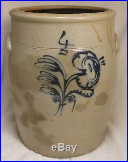Great Antique 4 Gallon Early American Stoneware Crock With Cobalt Flower