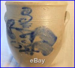 Great Antique American 3 Gal. Stoneware Jar With Floral Cobalt Decoration