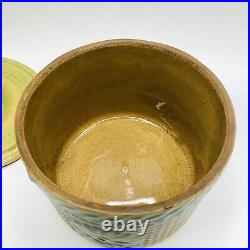 Green Stoneware Butter Crock DAISY & WAFFLE WEAVE Salt Glaze Large 3# Size