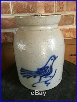 HTF Antique One Gallon NY Bird Decorated Stoneware Crock Jar Whites, NICE