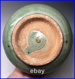 Heavy Stoneware Chinese Celadon Lion Handled Pottery Jar with Lid Mask Ming Qing