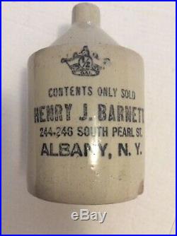 Henry J Barnett 244-46 S Pearl St Albany NY Antique stoneware pottery whisky jug
