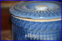 Hull Antique Blue White Salt Glaze Daisy Floral Grease Jar Canister BUTTER CROCK