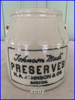 Johnson Made Preserves Jar, Salt Glaze Stoneware Boston MINT