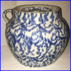 LARGE Antique UHL Pottery Four Quart Blue & White Spongeware Stoneware Bean Pot