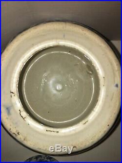 LARGE Antique UHL Pottery Four Quart Blue & White Spongeware Stoneware Bean Pot