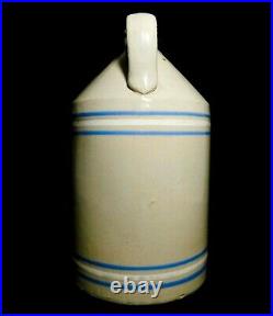 LATE 19TH C ANTIQUE STONEWARE 1 GAL HANDLED WHISKEY JUG, WithBLUE/WHITE THIN BANDS