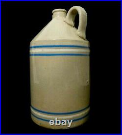 LATE 19TH C ANTIQUE STONEWARE 1 GAL HANDLED WHISKEY JUG, WithBLUE/WHITE THIN BANDS