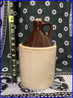 Large Antique Ceramic Whiskey Moonshine Jug Crock Stoneware Two Tone Brown