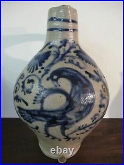 Large Antique Cobalt Blue Decorated Salt Glazed Stoneware Around 1850