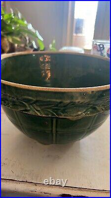 Large Antique Pottery Green Glaze CheckerBoard Vine Yellow Ware Mixing Bowl Rare