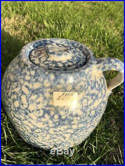 Large Primitive Blue & White Spongeware Stoneware Bean Pot Handled Uhl Jar WithLid