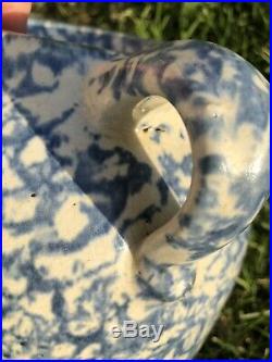Large Primitive Blue & White Spongeware Stoneware Bean Pot Handled Uhl Jar WithLid