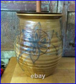 Large Vintage Stoneware Yellowware Pottery Butter Churn w Blue Flowers 2 Gallon