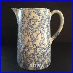 Late 1800's Blue And White Spongeware Stoneware Pitcher Aafa