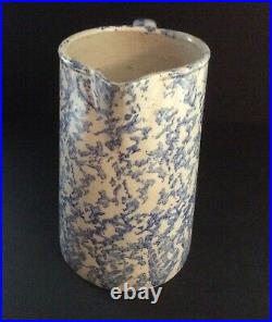 Late 1800's Blue And White Spongeware Stoneware Pitcher Aafa