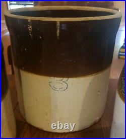 Lot of 7 Antique 6 3 2 1.5 Gallon Stoneware Brown & White/Cream Crock Pottery